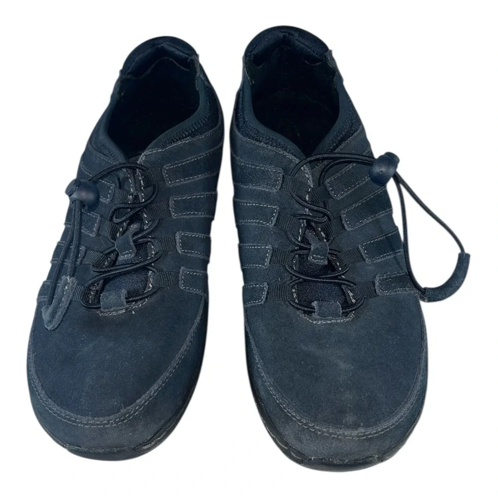 Aetrex Berries Women‎ 8.5 Navy Leather Bungee Slip On Sneakers Slip Resistant